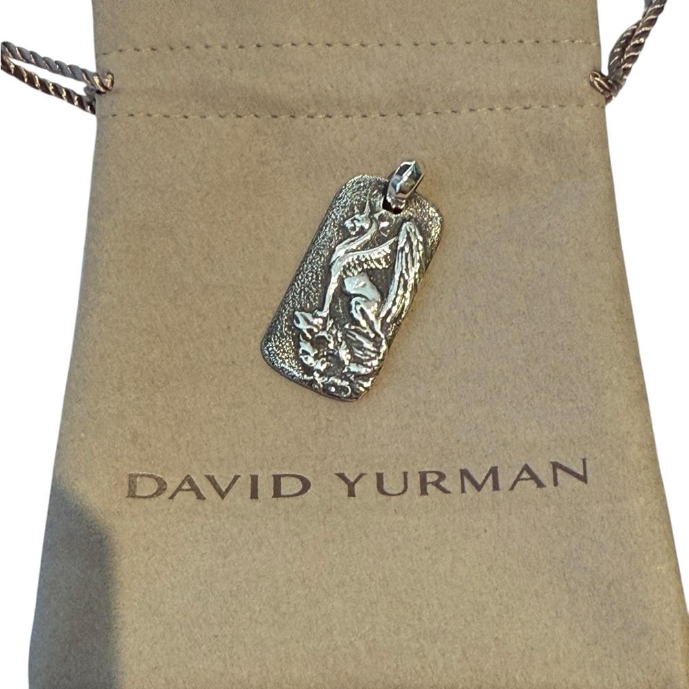 David Yurman Men's 925 Sterling Silver Griffin Dragon Dog Tag Pendant Amulet